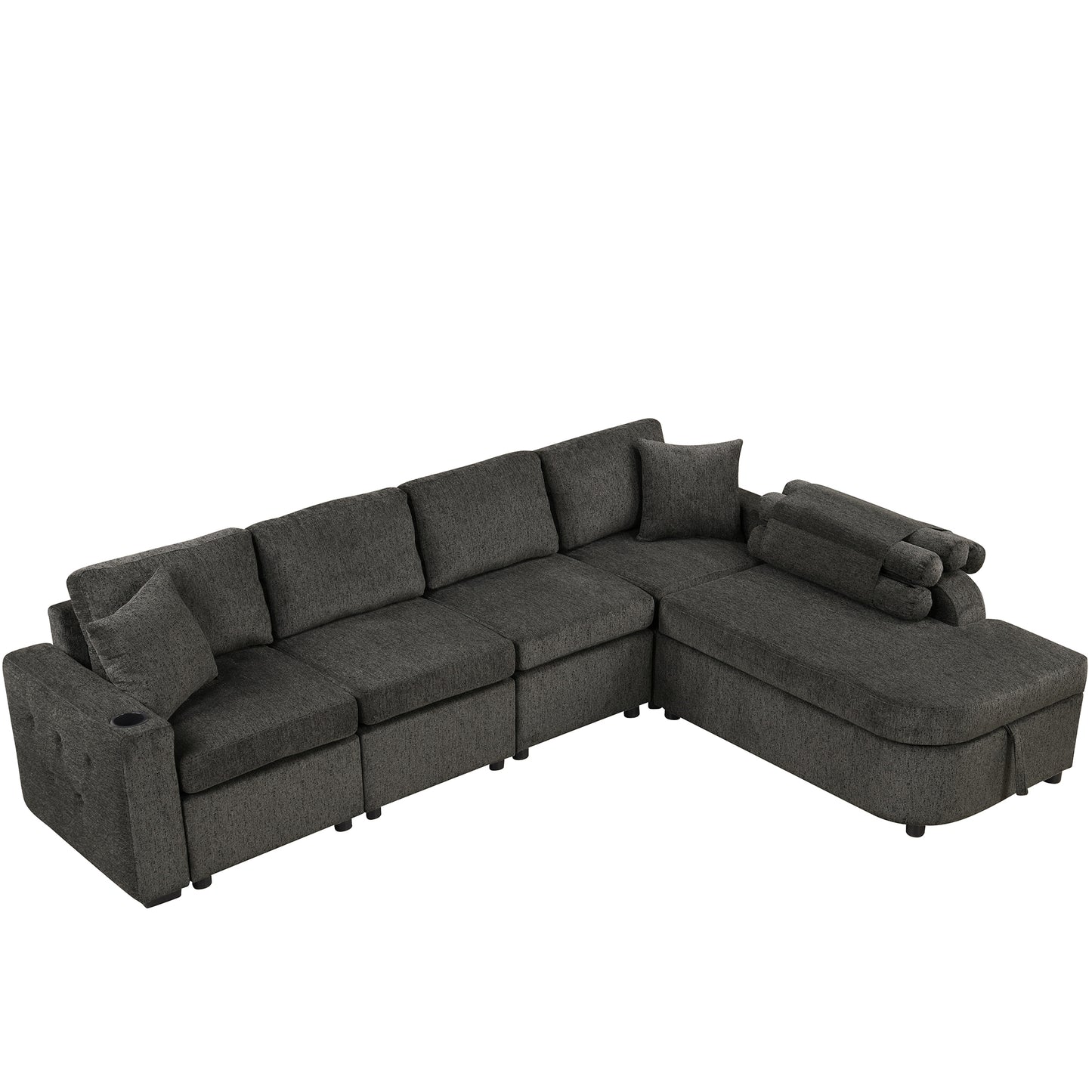 109.8"L-shaped Couch Sectional Sofa with Storage Chaise,Cup Holder and USB Ports for Living Room, Black