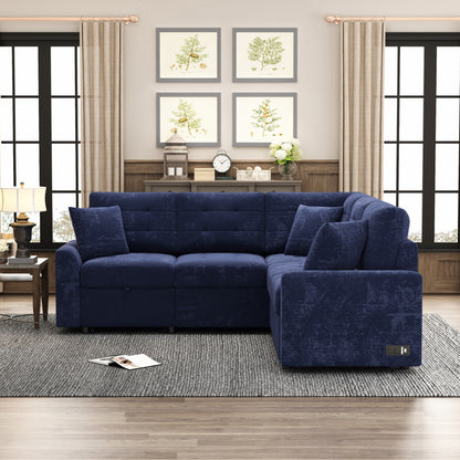 82.6" L-shape Sofa Bed Pull-out Sleeper Sofa with Wheels, USB Ports, Power Sockets for Living Room, Navy Blue