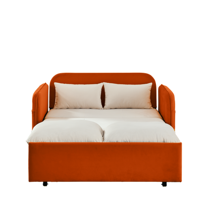 53" Modern Convertible Sofa Bed w/2 Removable Armrests w/USB Power Port, Velvet Recliner Adjustable Sofa w/Head Pull-Out Bed, 2 Pillows, For Living Room Apartment etc., White-Orange