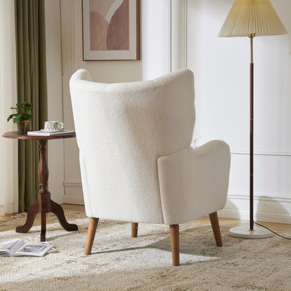 Mid-Century Accent Chair, Ivory White, Modern Retro Club Chair, Birch Frame, Upholstered Teddy Wool Fabric, Single Sofa Armchair for Small Spaces, Living Room, Bedroom, Reading Corner, Balcony,Office