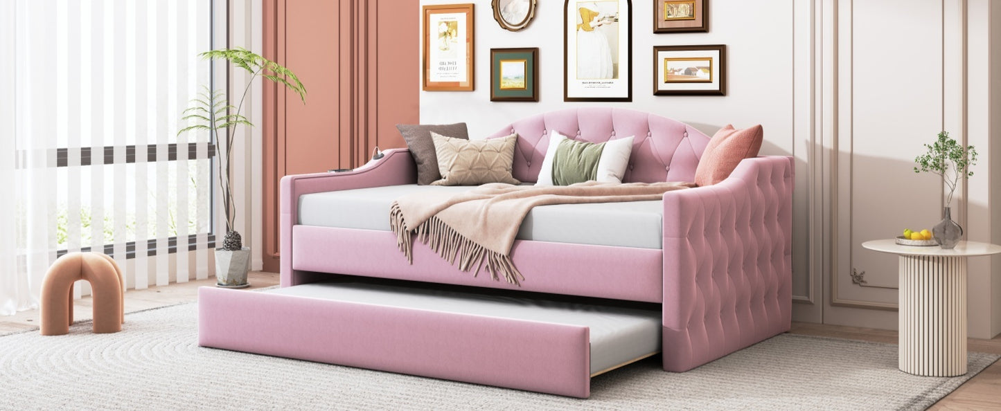 Size Tufted Upholstered Daybed with Trundle,Velvet Sofabed with USB&Type-C Charging Ports,No Box-spring Needed, Pink