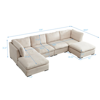 Modular Sofa with Ottoman,Filled with Down,Soft Linen Fabric,Beige