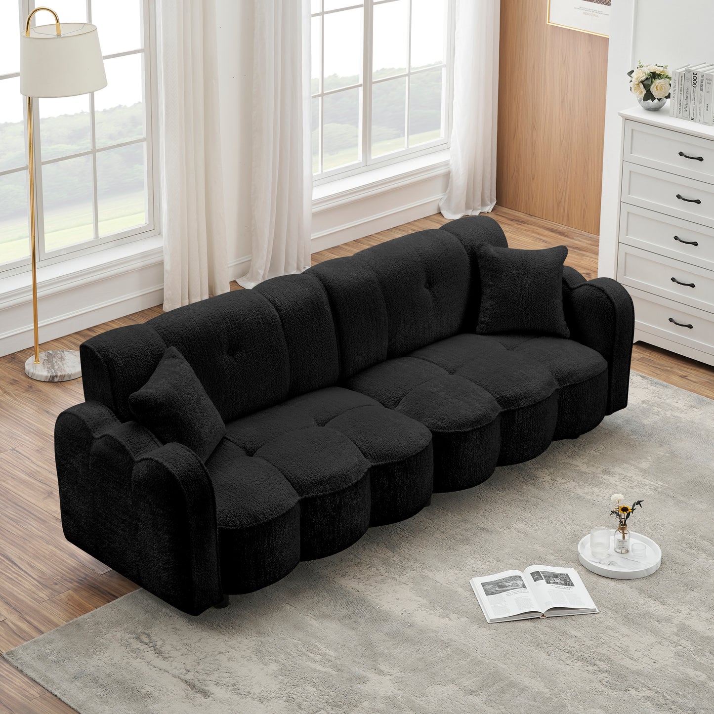 96.06 inch large teddy plush sofa for living room and entertainment space.