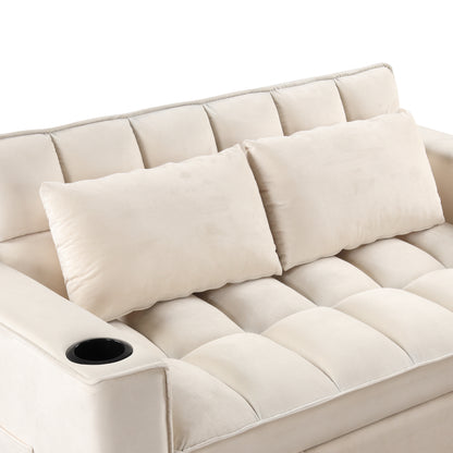 58" 4-1 Multi-functional Sofa Bed with Cup Holder and USB Port for Living Room or Apartments Milky White