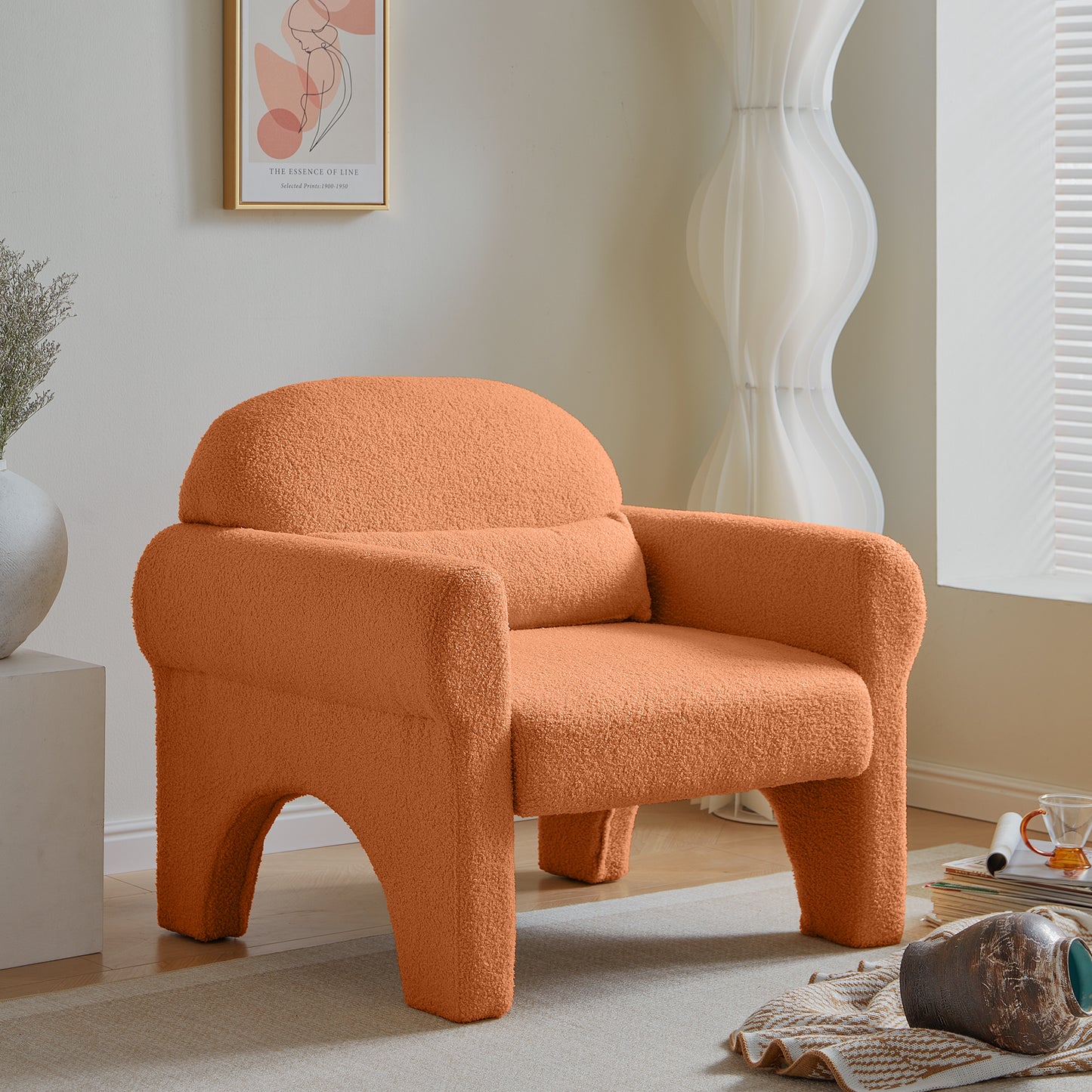 Modern boucle accent chair with lumbar pillow for living room