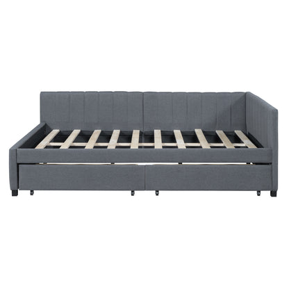 Full Size Upholstered Daybed with 2 Storage Drawers Sofa Bed Frame No Box Spring Needed, Linen Fabric (Gray)