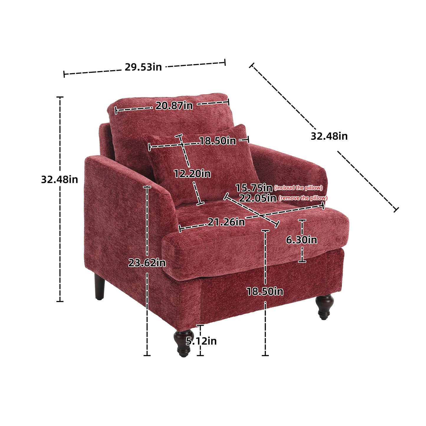 Wood Frame Armchair, Modern Accent Chair Lounge Chair for Living Room,Tufted Club Chair, Mid Century Modern Arm Chairs with Studded, Solid Wood Frame, for Bedroom, Reading(Wine red Chenille)