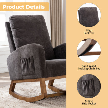 Rocking Chair, Modern Glider Chair, Recliner Armchair with Wood Legs and Side Pocket, Nursery Rocking Accent Chair with High Back for Living Room Bedroom (Dark Gray linen)