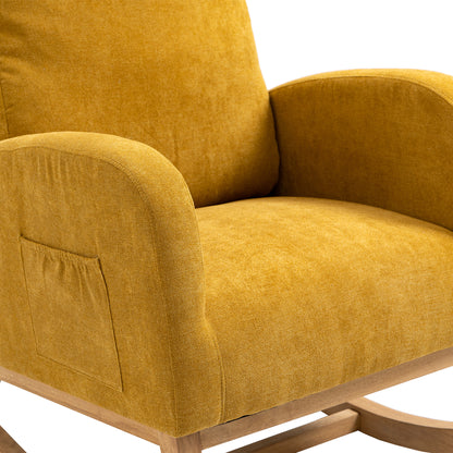 Rocking Chair, Modern Glider Chair, Recliner Armchair with Wood Legs and Side Pocket, Nursery Rocking Accent Chair with High Back for Living Room Bedroom (Mustard Yellow linen)