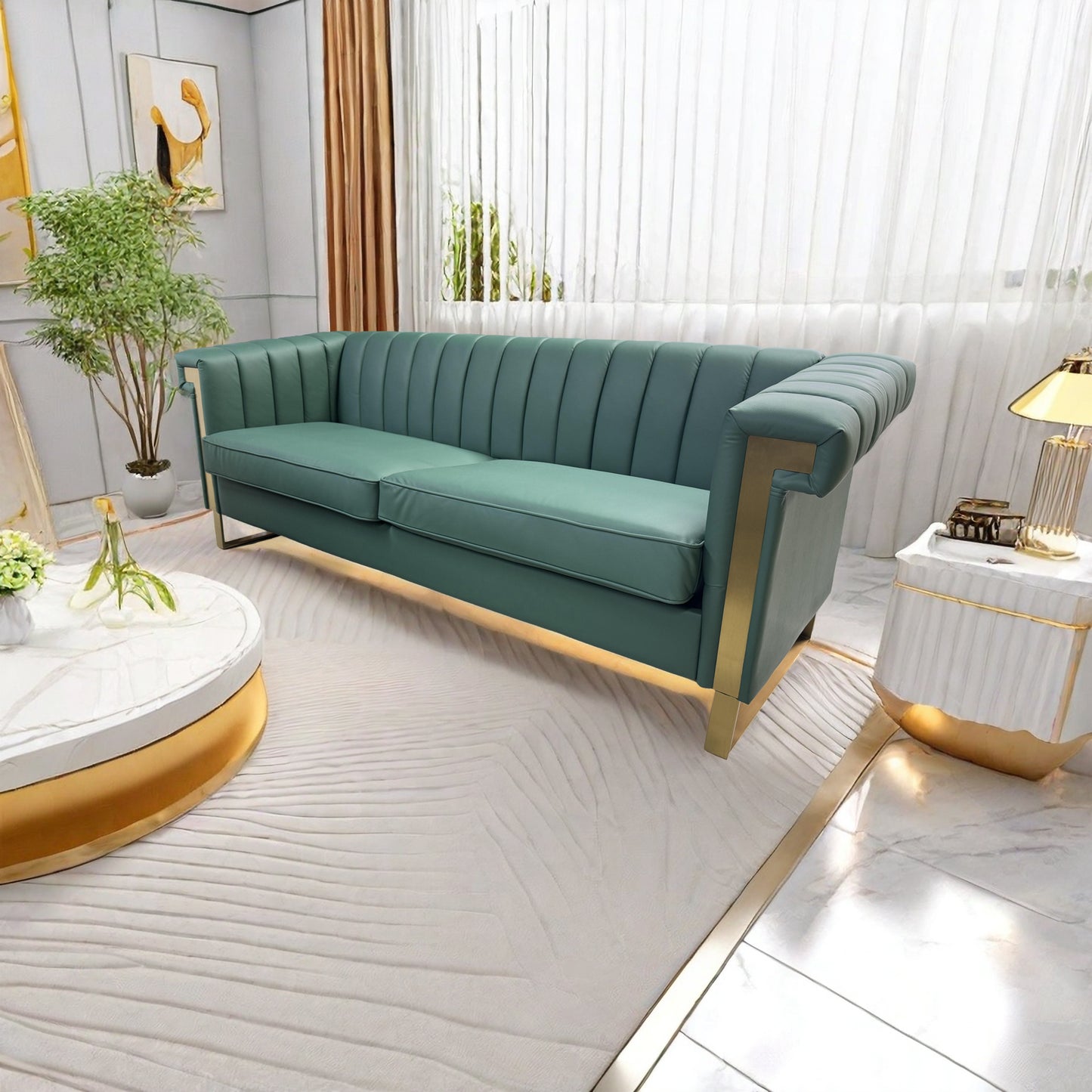 SOFA Modern Green PU Sofa with Gold Accents - Sleek Channel-Tufted Upholstery, 3-Seat Couch for Living Room and Office Decor