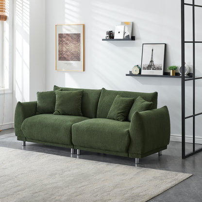 86.6 inch teddy wool black sofa with four throw pillows and hardware feet makes it comfortable to sit in an apartment bedroom without taking up space