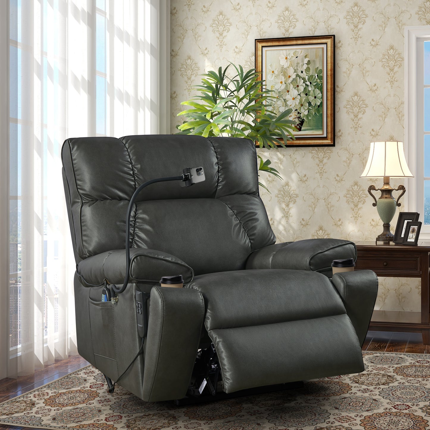 Recliner Chair with Phone Holder,Electric Power Lift Recliner Chair with 2 Motors Massage and Heat for Elderly, 3 Positions, 2 Side Pockets, Cup Holders