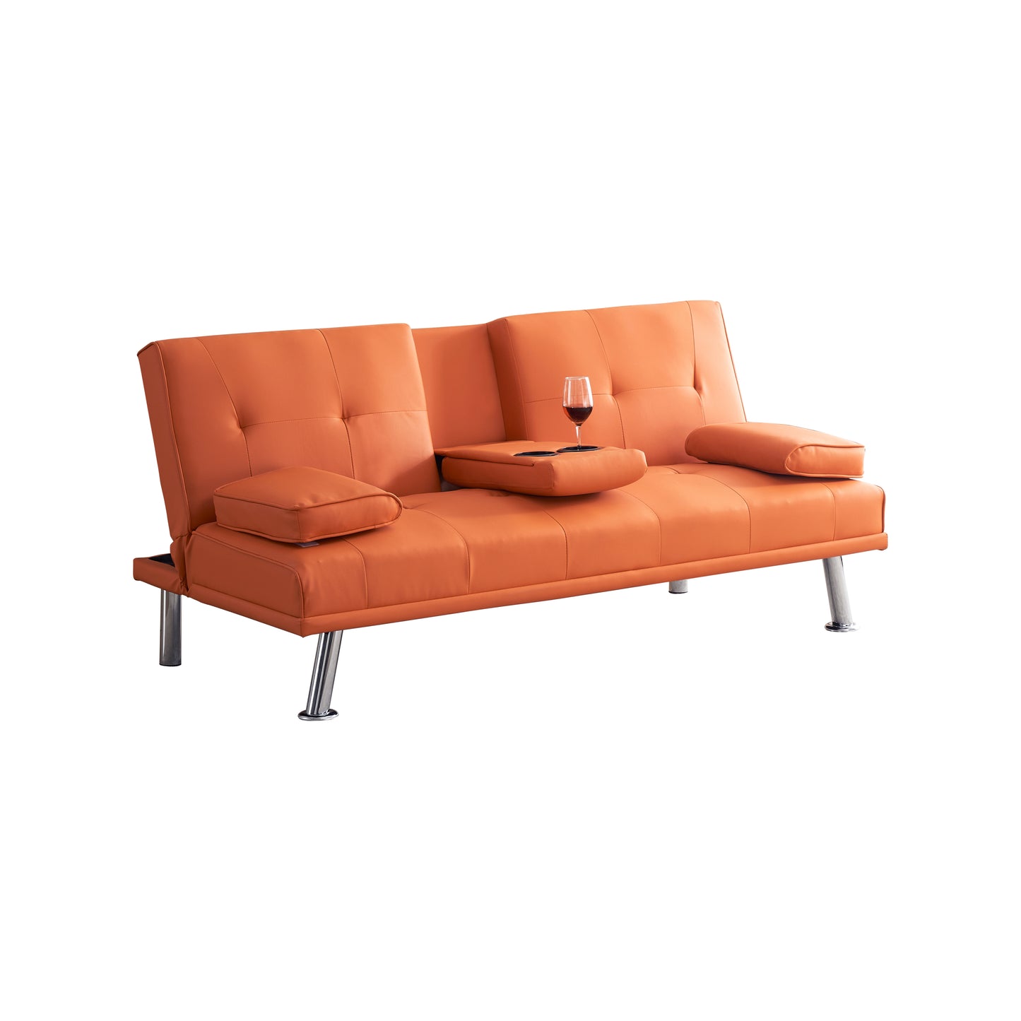 67" Orange Leather Multifunctional Double Folding Sofa Bed for Office with Coffee Table