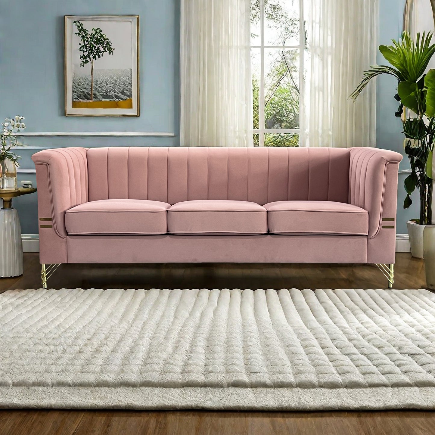 Modern Designs Velvet Upholstered Living Room Sofa, 3 Seat Sofa Couch with Golden Metal Legs for Home, Apartment or Office Pink SOFA