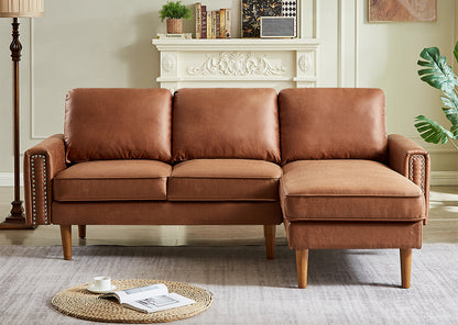 82.2"L-Shape Sofa Couch with Chais Mid-Century Copper Nail on Arms,strong wooden leg and suede fabric design that will complement any living space.Right Chaise, Brown