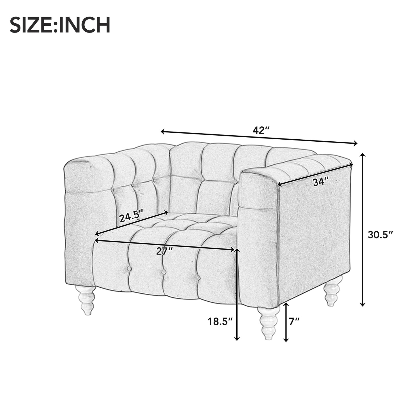 42" Modern Sofa Dutch Fluff Upholstered sofa with solid wood legs, buttoned tufted backrest,blue