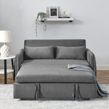 55" Modern Convertible Sofa Bed with 2 Detachable Arm Pockets, Velvet Loveseat Sofa with Pull Out Bed, 2 Pillows and Living Room Adjustable Backrest, Grid Design Armrests