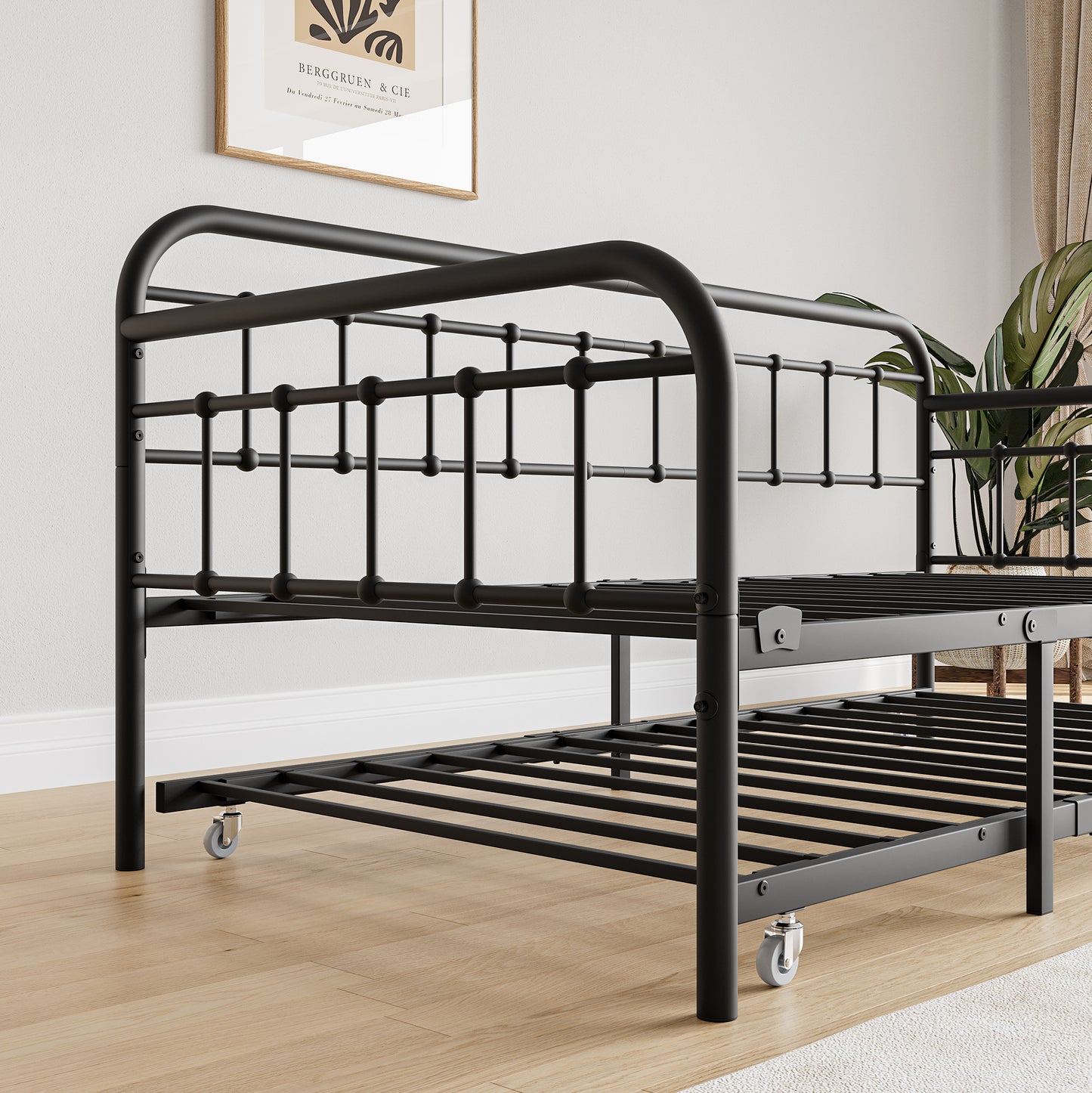 Size Metal Daybed Frame with Trundle, Heavy Duty Steel Slat Support Sofa Bed Platform with Headboard, No Box Spring Needed, Black