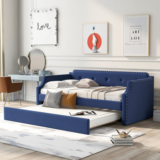 Upholstered Daybed with Trundle, Wood Slat Support,Upholstered Frame Sofa Bed, Twin,Blue