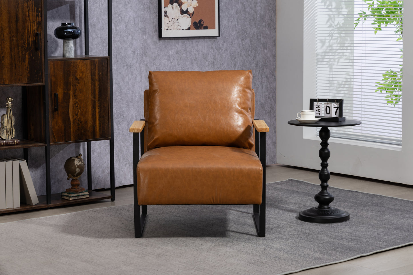 Leather Accent Chair Guest Chair for Living Room, Mid Century Armchair for Bedroom (Brown Leather)