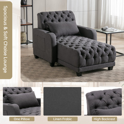 Multifunctional Living Room Leisure Chaise Lounge Barry Tufted Comfy Armchair Wireless Charging, Smooth Reclining Backrest & Lumbar Pillow for Home Apartment (Dark Grey linen)