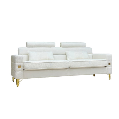 Elegant White Imitation wool circle fabric Sofa with Adjustable Headrests - Contemporary 3-Seat Couch with Gold Legs, Perfect for Living Room and Office Decor