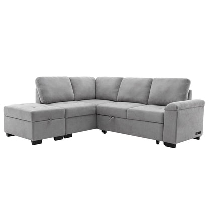 Sleeper Sectional Sofa, L-Shape Corner Couch Sofa-Bed with Storage Ottoman & Hidden Arm Storage & USB Charge for Living Room Apartment, Gray