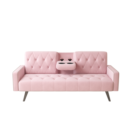 1730 Sofa Bed Armrest with Nail Head Trim with Two Cup Holders 72" Pink Velvet Sofa for Small Spaces