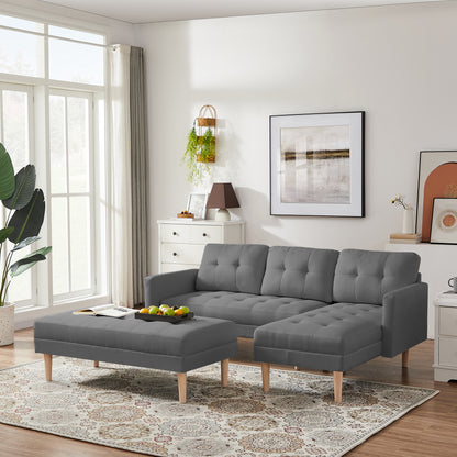 GREY Fabric Right Facing Sectional Sofa Bed, L-shape Sofa Chaise Lounge with Ottoman Bench