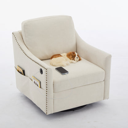 Cream white fabric swivel rotating accent chair with USB and magazine book for living room and hotel bed room