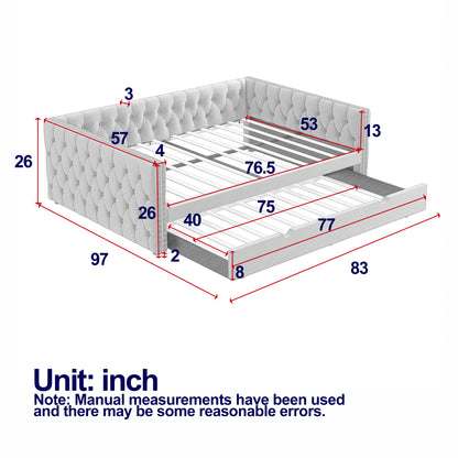 Daybed with Trundle Velvet Upholstered Tufted Sofa Bed, with Button and Copper Nail onSquare Arms,Full Daybed & Twin Trundle- For Bedroom, Living Room, Guest Room,(83"x57"x26")