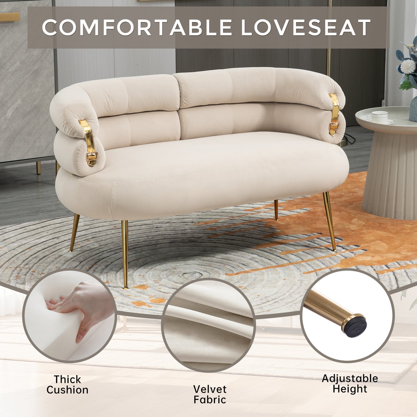 Small Loveseat Sofa, Upholstered Mini Couch with Curved Backrest with Stylish Golden Decor, Small Comfy Love Seat Leisure Accent Couch for Living Room, Bedroom, Office