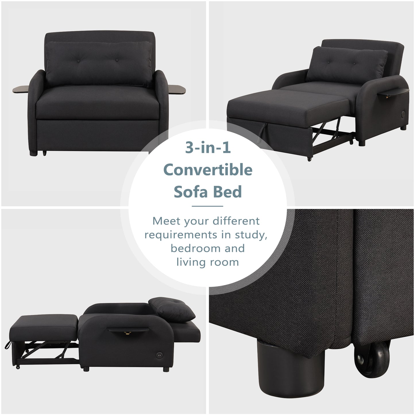 Pull out sofa sleeper 3 in 1 with 2 wing table and usb charge for nap line fabric for living room recreation room Black