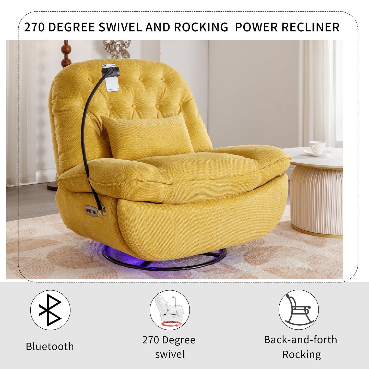 270 Degree Swivel Power Recliner with Voice Control, Bluetooth Music Player,USB Ports, Atmosphere Lamp, Hidden Arm Storage and Mobile Phone Holder for Living Room, Bedroom, Apartment, Yellow