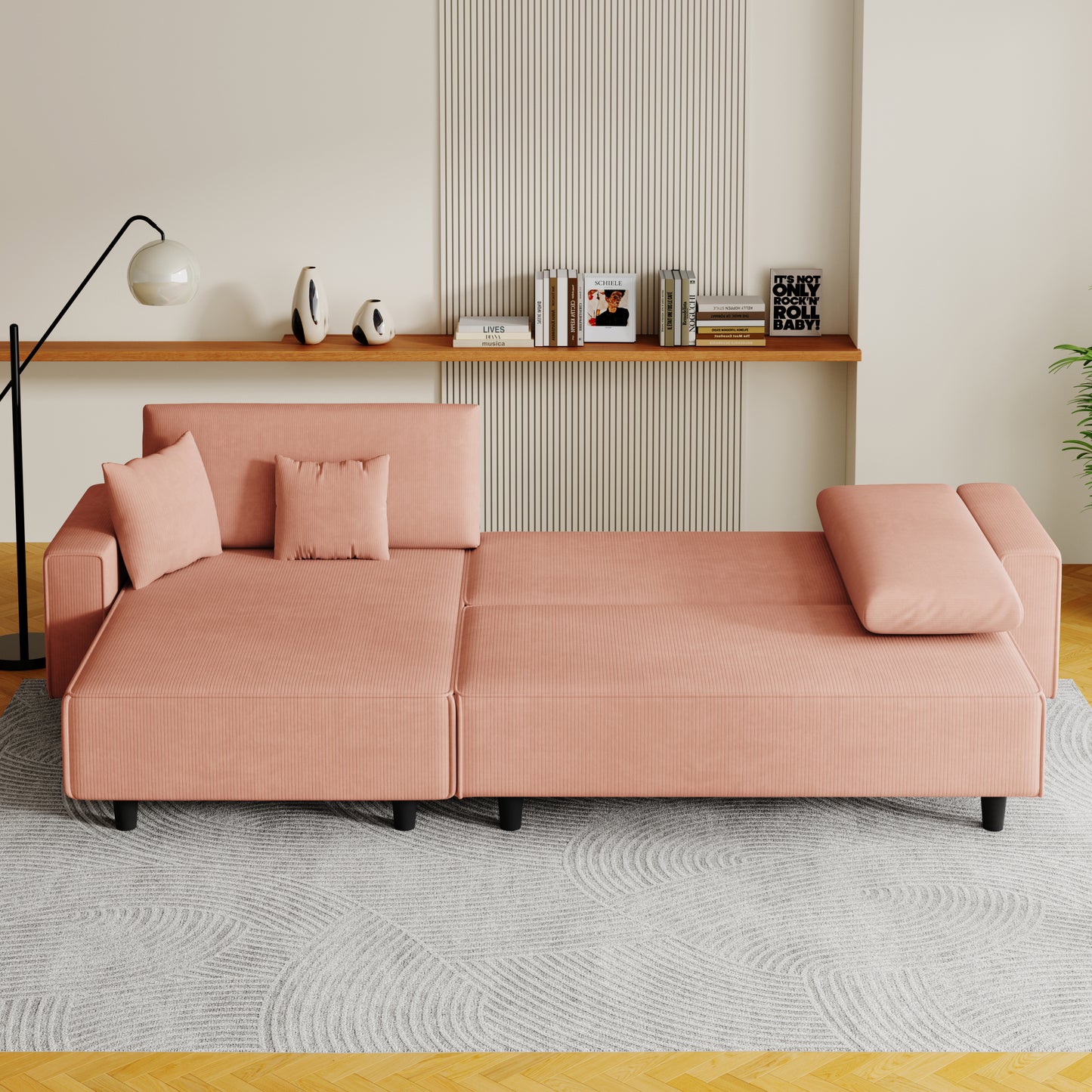 The 93-inch orange corduroy sofa bed comes with two pillows to fit in the living room and the apartment is not overcrowded