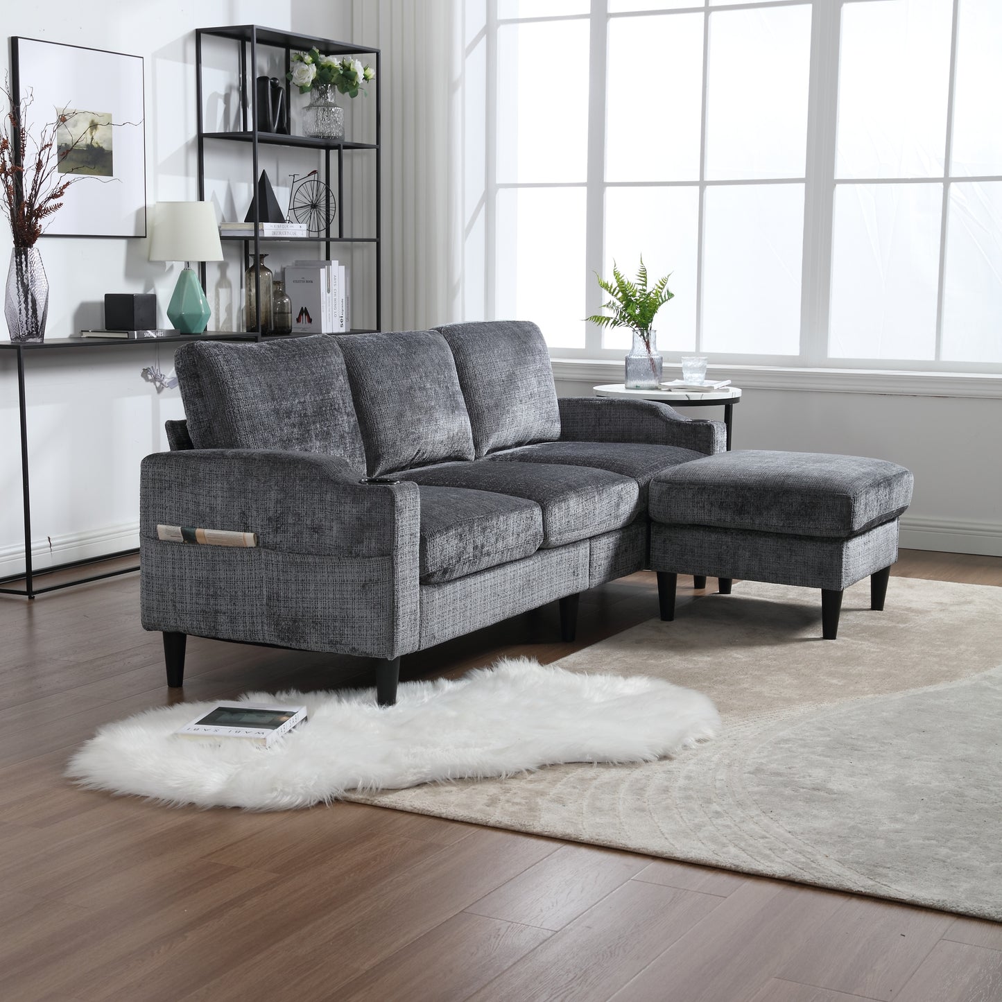 Sofa for three, solid wood frame, Chenille fabric, side pocket, with two cup holders, footstool with storagestorage sofa /Living room sofa cozy sectional sofa