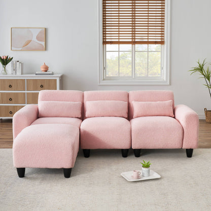 The 84.6-inch pink teddy fleece creative sofa can be assembled into a two-seater sofa plus a single couch with three waist pillows to perfectly stretch your waist for small apartment bedroom Spaces