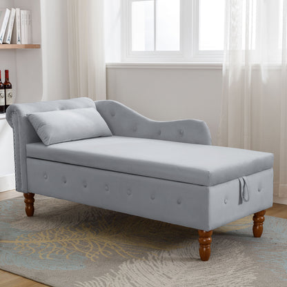 Grey Chaise Lounge Indoor,Velvet Lounge Chair for Bedroom with Storage & Pillow,Modern Upholstered Rolled Arm Chase Lounge for Sleeping with Nailhead Trim for Living Room Bedroom Office