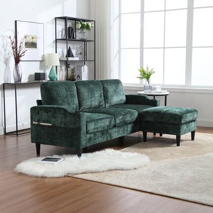 Sofa for three, solid wood frame, Chenille fabric, side pocket, with two cup holders, footstool with storagestorage sofa /Living room sofa cozy sectional sofa