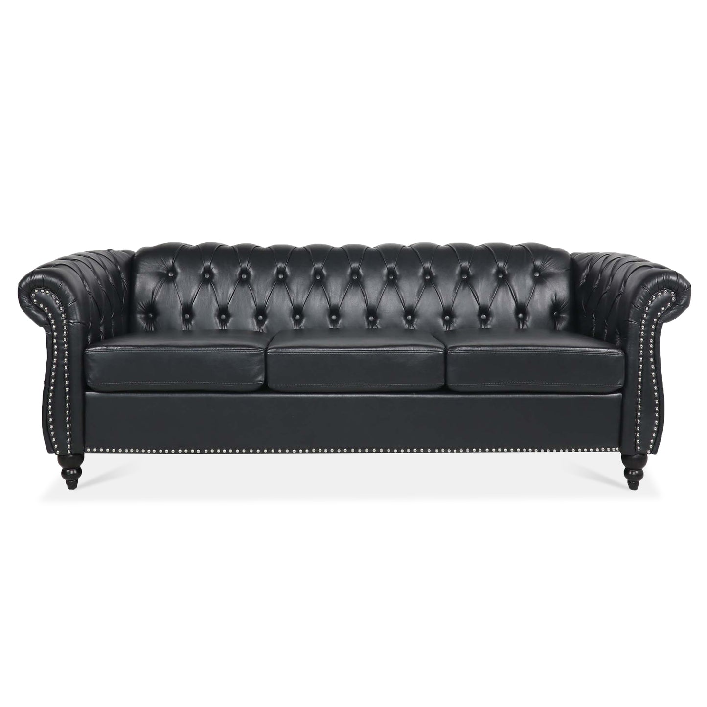 84.65" BLACK PU Rolled Arm Chesterfield Three Seater Sofa.