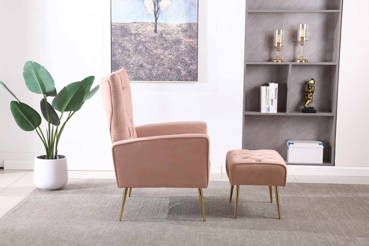 Modern Accent Chair with Ottoman, Comfy Armchair for Living Room, Bedroom, Apartment, Office (Pink)