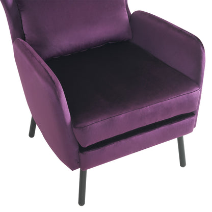 Velvet Accent Chair, Modern Living Room Armchair Comfy Upholstered Single Sofa Chair for Bedroom Dorms Reading Reception Room with Metal Legs & Pillow, Purple