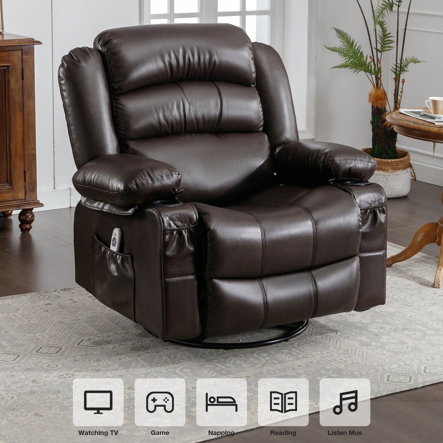 Massage Swivel Rocker Recliner Chair with Vibration Massage and Heat Ergonomic Lounge Chair for Living Room with Rocking Function and Side Pocket  2 Cup Holders USB Charge Port,BROWN