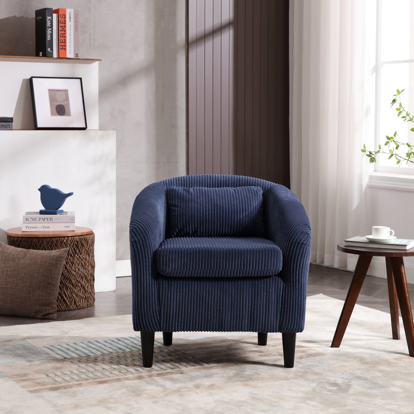 Living Room Accent Barrel Chair, Century Modern Style Decorative Chair, Armchair for Living Room with Thick Cushions and Pillows, Comfy Single Sofa Chair, Chair with Wooden Legs,Blue