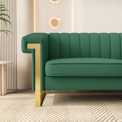 SOFA Modern Green PU Sofa with Gold Accents - Sleek Channel-Tufted Upholstery, 3-Seat Couch for Living Room and Office Decor