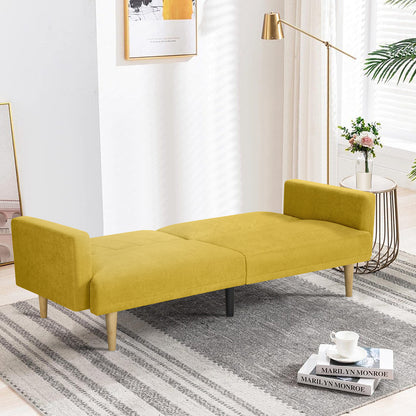 Multi-Functional Futon Sofa Bed :Tapered Wood Legs - Ideal for Small Living Rooms - Multi-Color Fabric Options - Easily Converts to Single Bed, Yellow