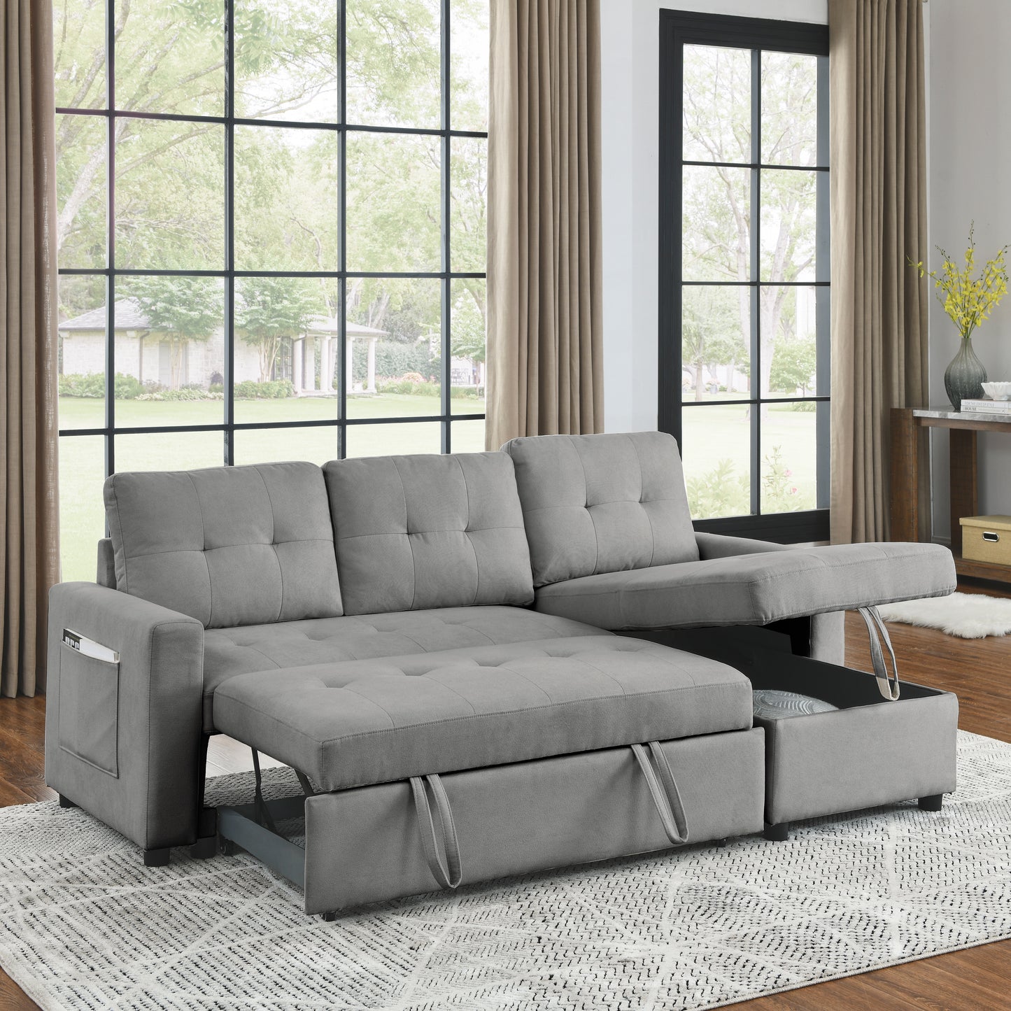 78.5" Sleeper Sofa Bed Reversible Sectional Couch with Storage Chaise and Side storage bag for Small Space Living Room Furniture Set