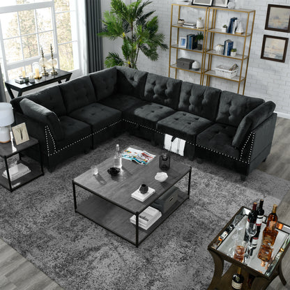 L shape Modular Sectional Sofa,DIY Combination,includes Three Single Chair and Three Corner,Black Velvet.