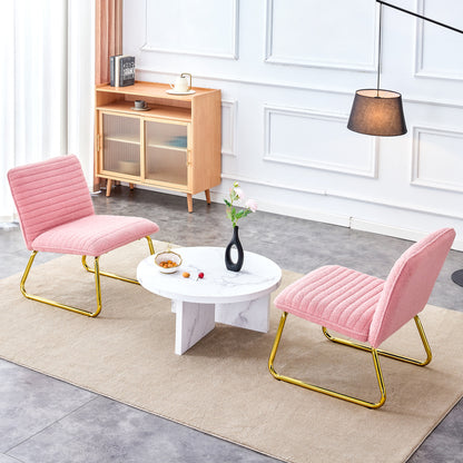 Modern minimalist pink plush fabric single person sofa chair with golden metal legs. Suitable for living room, bedroom, club, comfortable cushioned single person leisure sofa