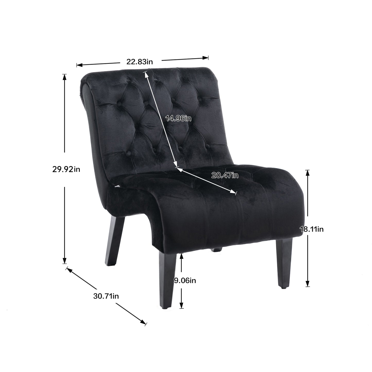 Modern Velvet Armless Accent Living Room Chair / Leisure Chair,Upholstered Fabric Button Comfortable Chair with Wooden Legs for Bedroom, Living Room, Office (Black Velvet)